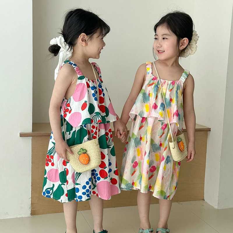Childrens suspender backless dress 1-9 years fruit print sisters suit summer dress W250326