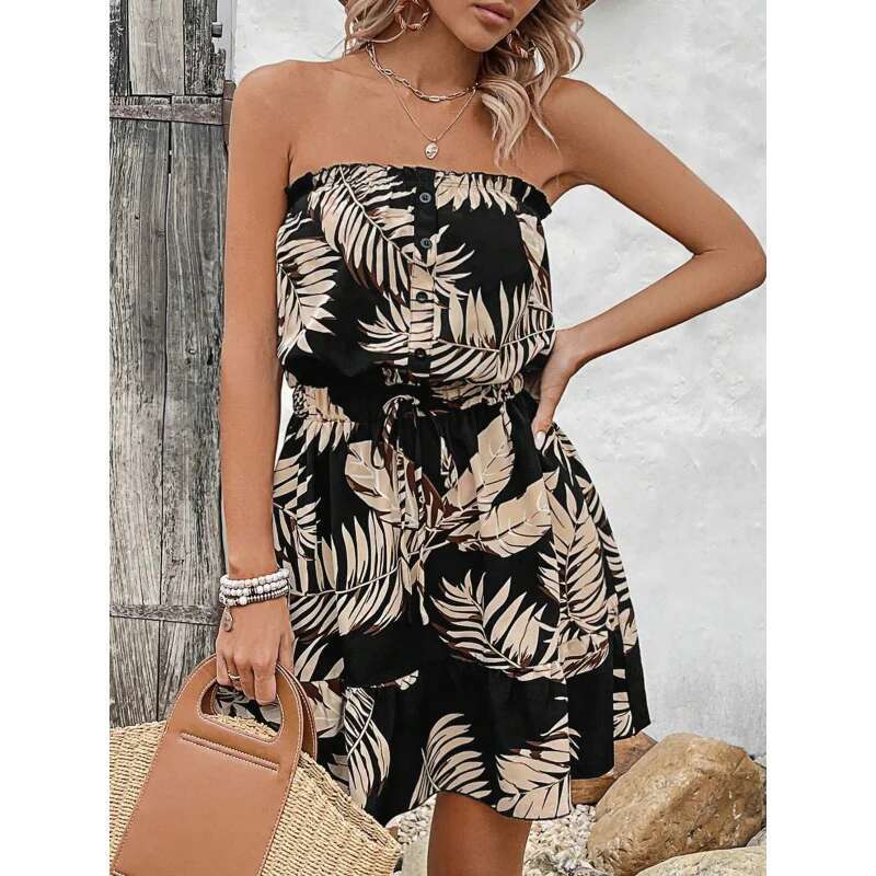 Dongdumaoyi Sexy Strapless Tube Top Taille Gecontroleerde Veters Hot Selling Bloemenprint Vakantie Dameskleding Mode Jurk C