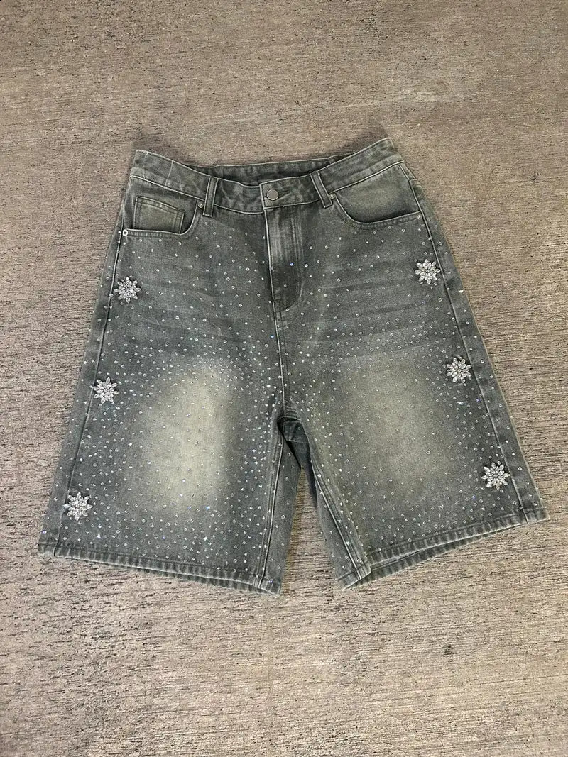 Summer Y2K retro washed blue Astro Jorts American Rhinestone fashion hip-hop denim shorts mens backpacks gym shorts streetwear 250327