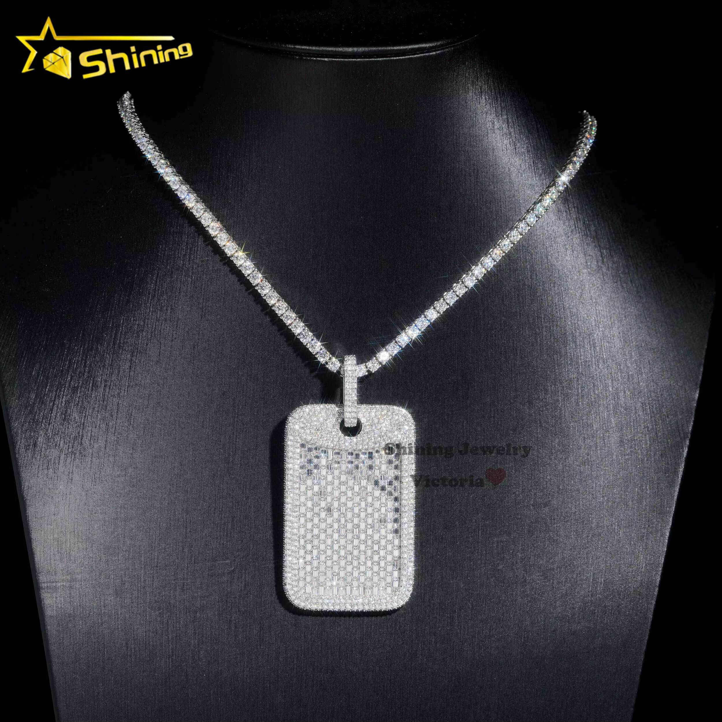 Shining Jewelry White Gold Plated 925 Silver baguette Cut Vvs Moissanite Iced Out Men Hip Hop Silver Dog Tag Pendant