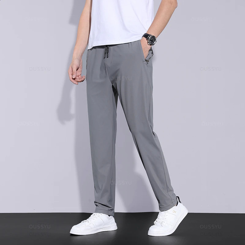 2024 Summer Mens Casual Pants Thin Soft Sports Zip Pocket Korea Grey Black Elasticity Lace-up Waist Jogging Work Trousers Male 250317