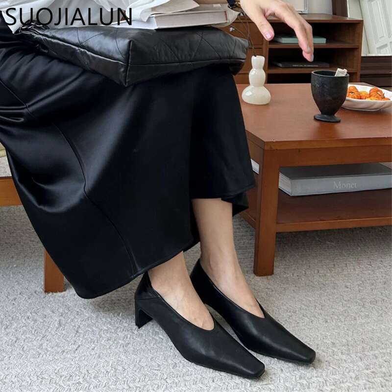 SUOJIALUN Autumn Women Fashion Shallow Slip On Ladies Eelgant Single Shoes Square High Heel Outdoor Dress Pumps