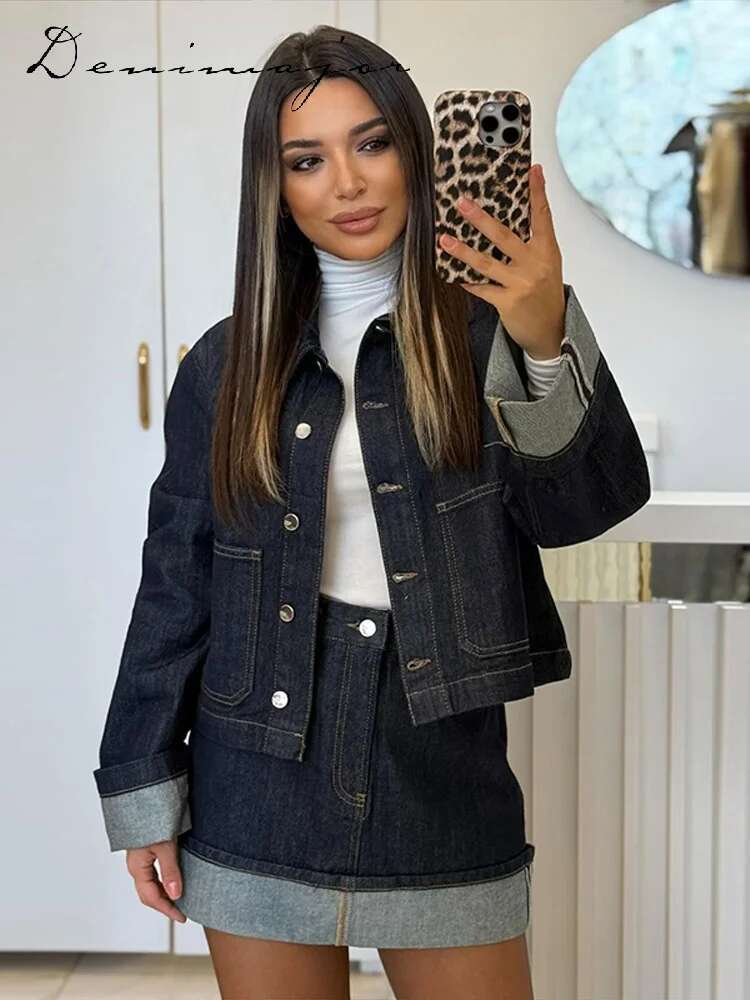 Chic Denim Jacket Mini Skirts Set Women Lapel Single Breasted Long Sleeve Coat Slim Short Skirt 2025 Spring Elegant Lady Outfit