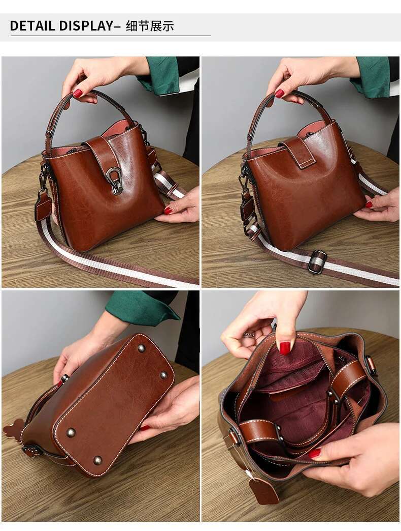 Real Oil Wax Leather Women's Bucket Casual And Simple Handbag Large Capacity Ladies Cowhide Fashionable Crossbody Tote Bag