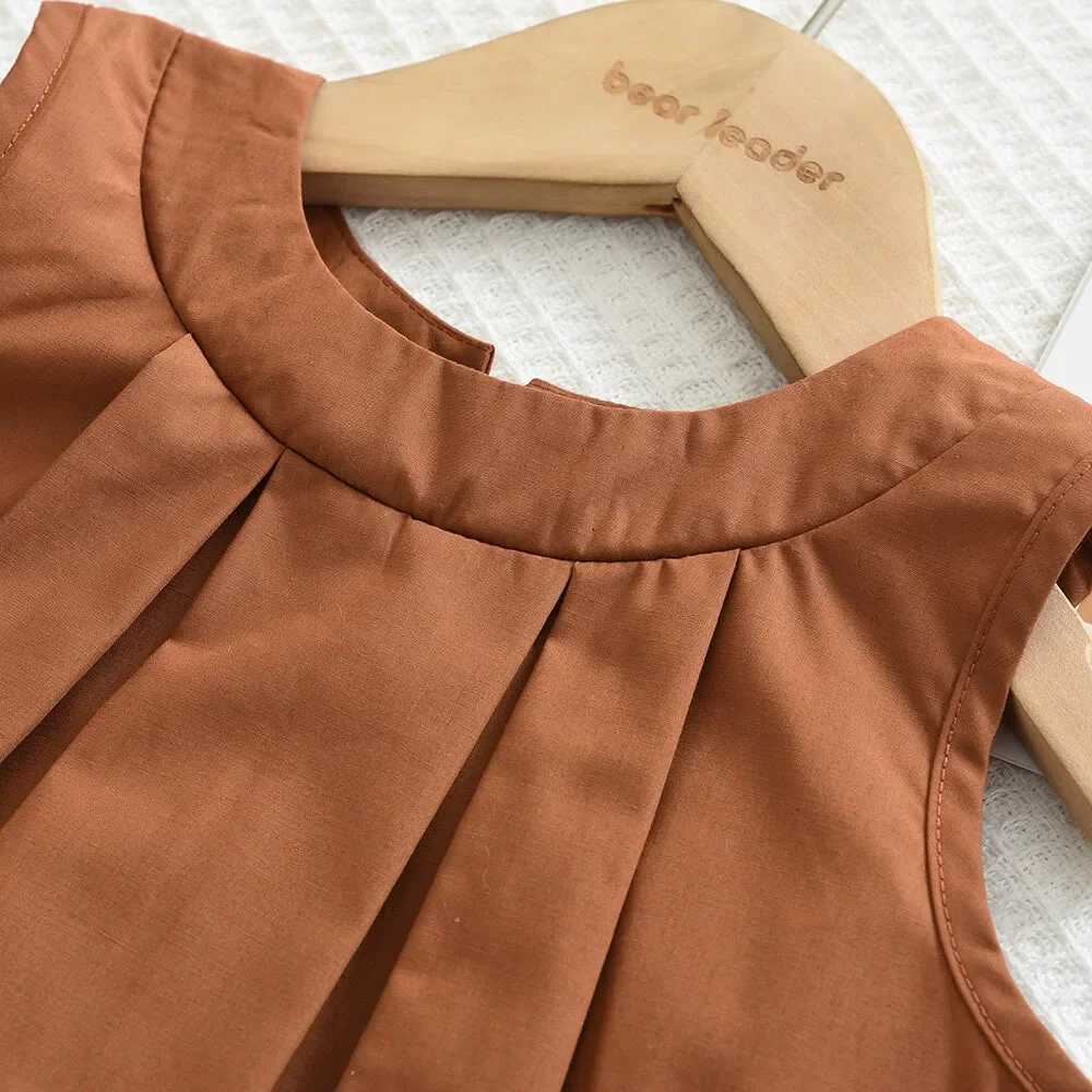 Bear collar khaki vest+striped wide leg pants summer two-piece simple sleeveless childrens clothing suitable for 3-7 years oldT250327
