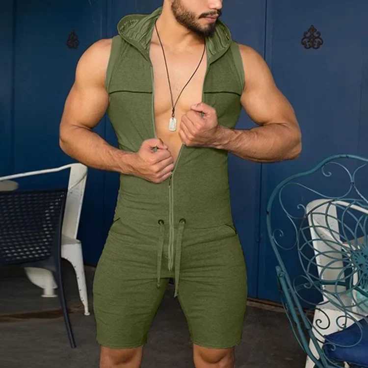 Mens summer clothing solid color short sleeved jacket casual street sports appeal jumpsuit S-3XLXJ250326