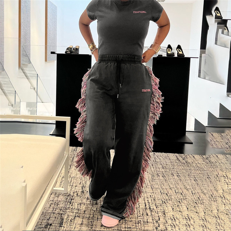 Designer Set New Women's Round Sports Set 2025 Round Neck Embroidered Short Sleeve T-shirt High Waist Colorful Tassel Casual Pants Street Sports 