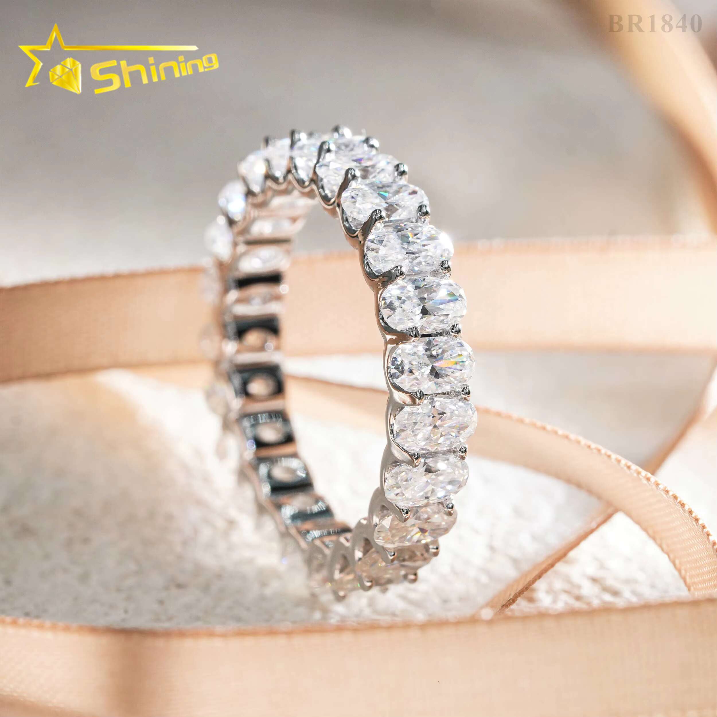 Wholesale 3*5MM 4*6MM Gold Plated 925 Sterling Silver Fine Jewelry Iced Out Diamond Oval Moissanite Hip Hop Eternity Band Ring
