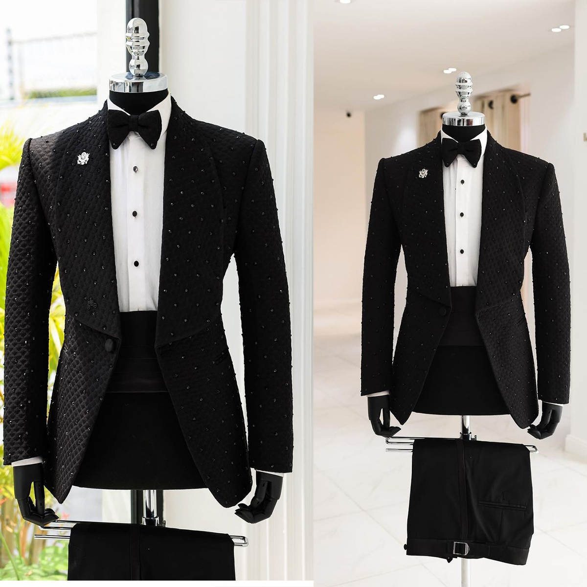 Black Spring Men Suits Set 2 Piece Blazer+Pant Trousers Crystals Beaded Customized Groom Wedding Tuxedo Formal Office Prom Jacket(Coat+Pants)