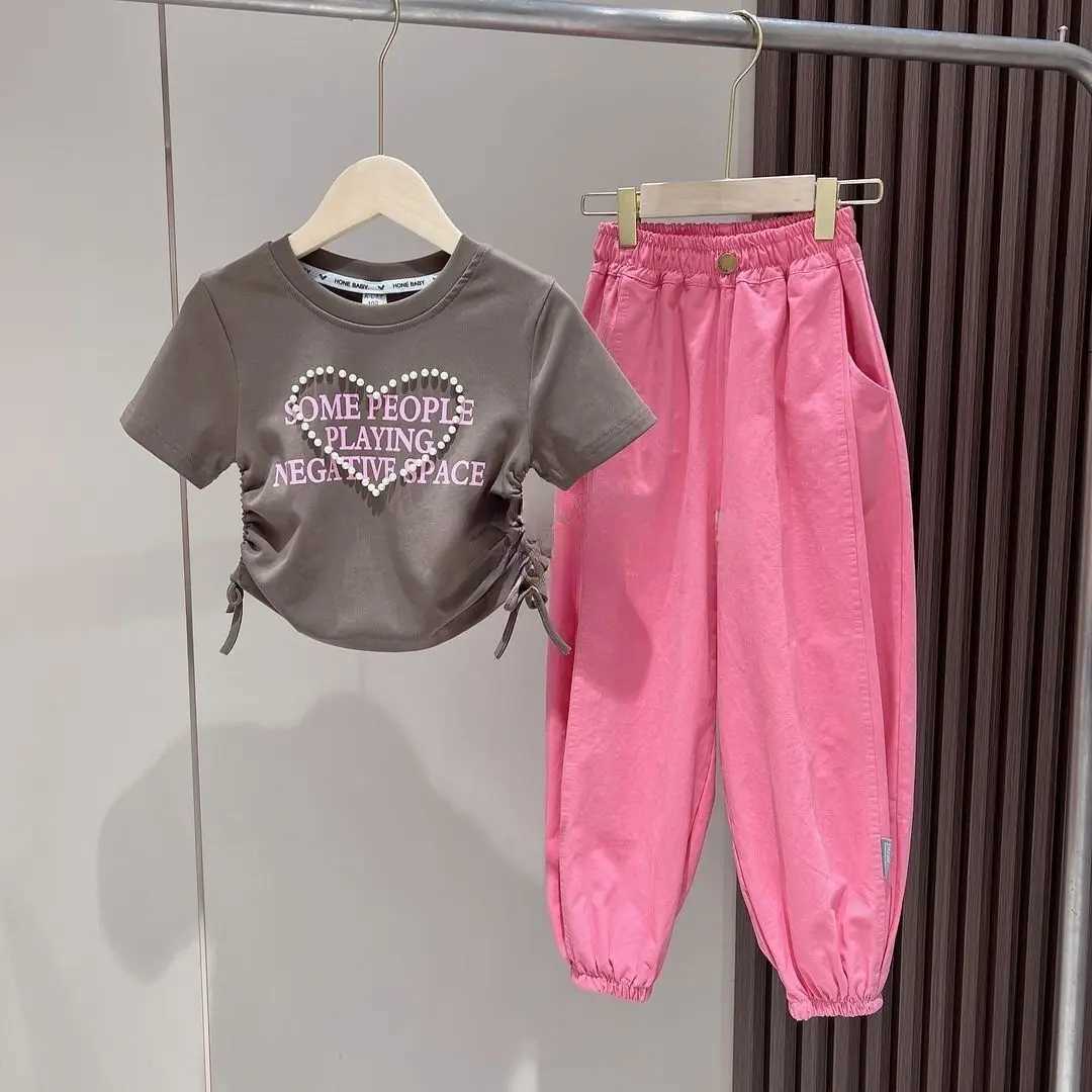 Teenage Girl Clothing Set 2023 Summer New Girl Baby Short sleeved T-shirt Pants Two piece SetT250327