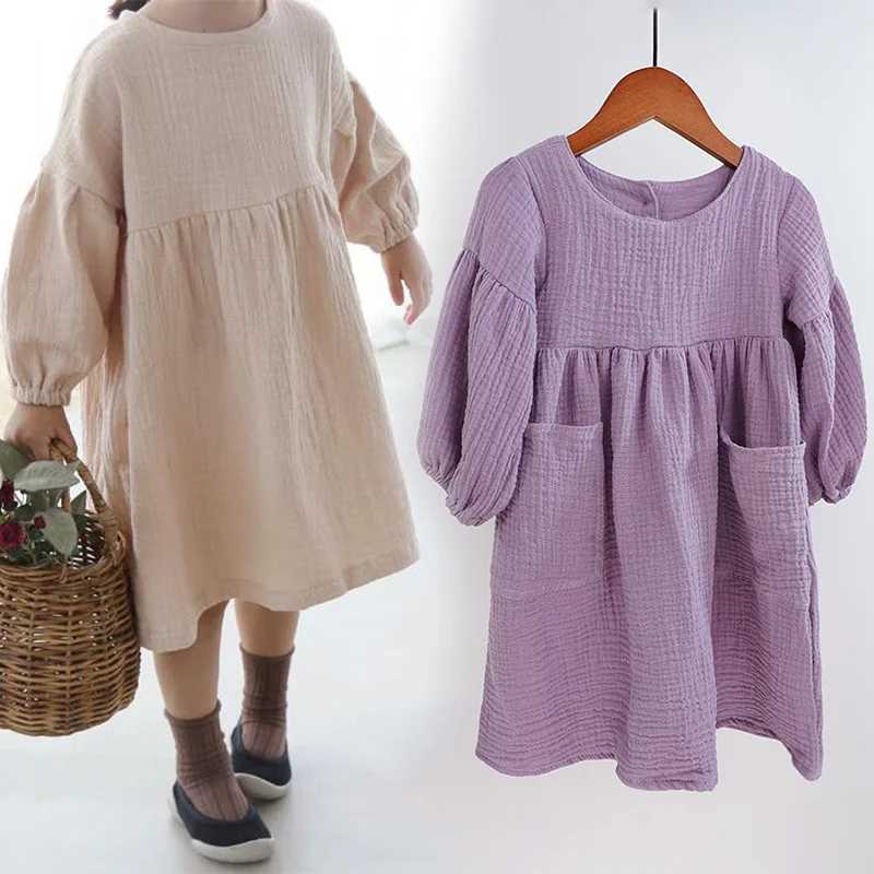 Autumn and Spring Childrens Clothing Organic Cotton Double Gauze Loose Pocket Baby Girl Dress Fashion Princess Casual Childrens Dress W250326