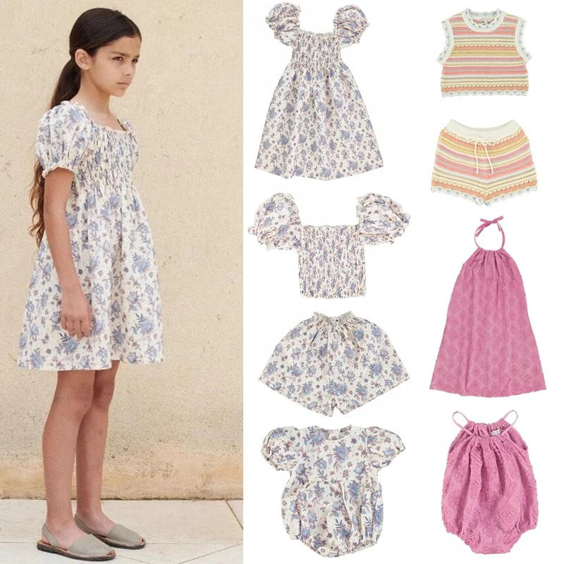 Kids Girls Dress 2025 Summer Bebe Baby Rompers Printed organic Top Blouse and Shorts Suit Children Knitted Tee Pant Set 250326