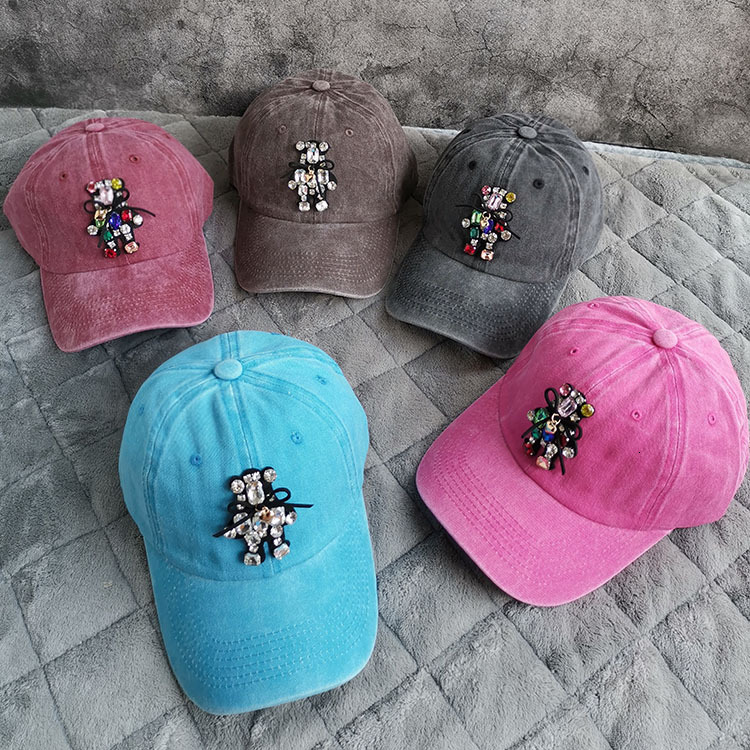 Cute Shiny Rhinestone Teddy Bear Washed Baseball Cap Spring And Autumn Internet Celebrity Thin Sunshade Soft Top Women's Duck Tongue Hat