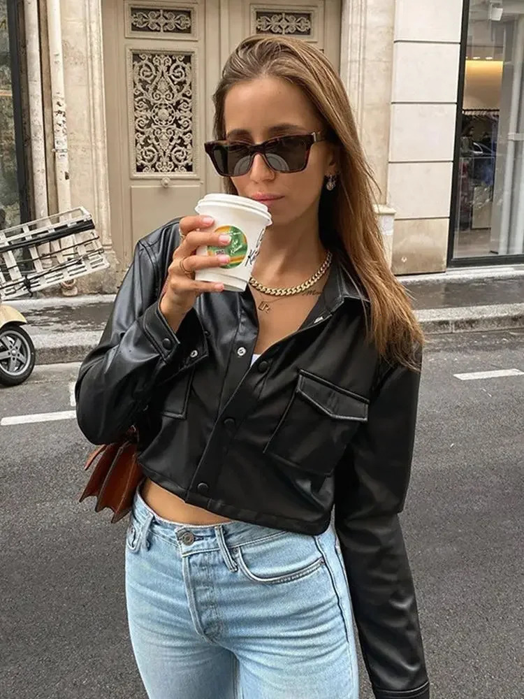 Womens PU leather jacket long sleeved lapel button down jacket pleated jacket with pockets spring and autumn womens jacket 250322