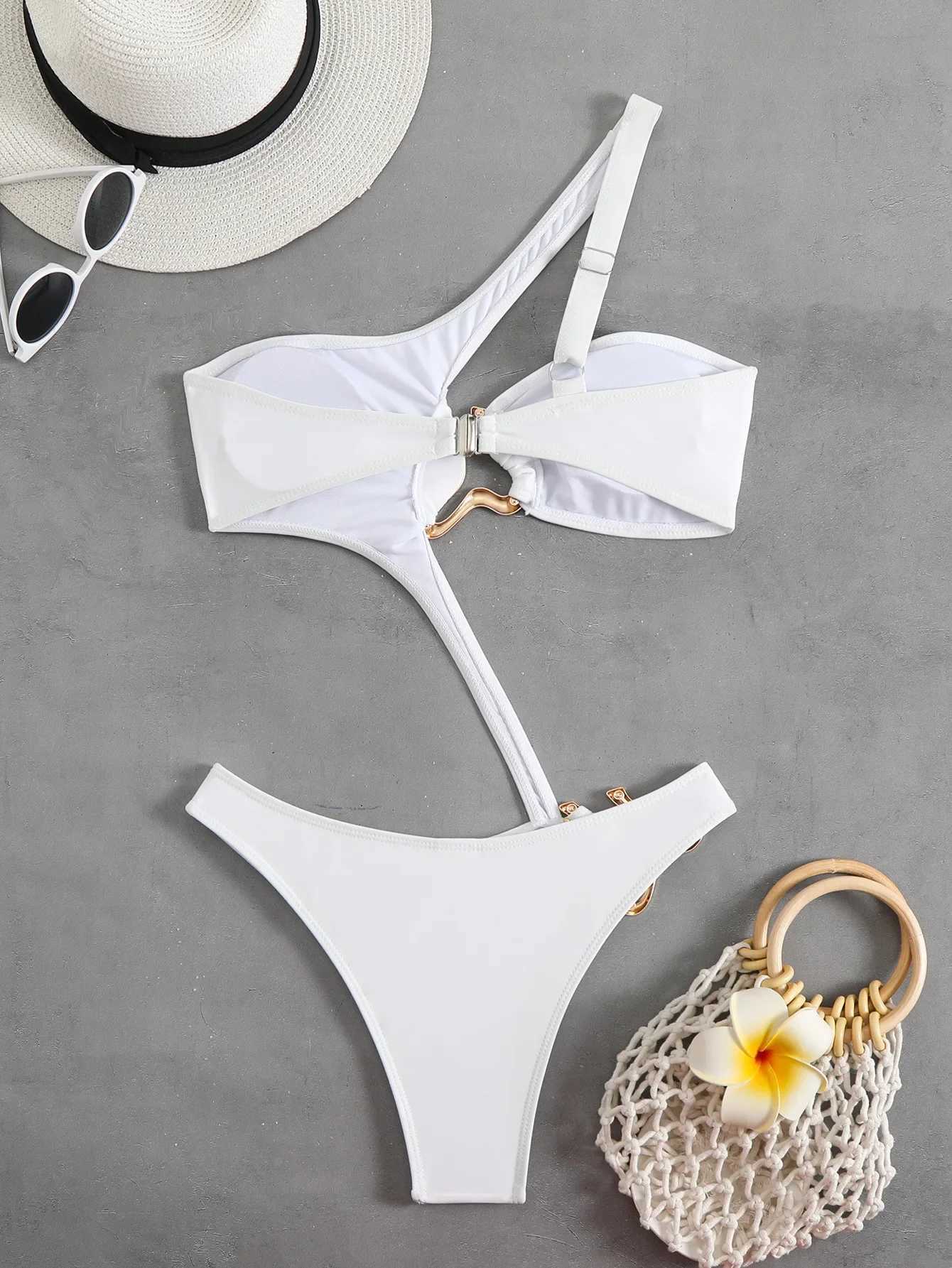 Sexy Black Hollow Out Bikini 2025 Women One Shoulder Metal Designer Backless Thong One Piece Swimsuit Summer Bathing SuitsC250314