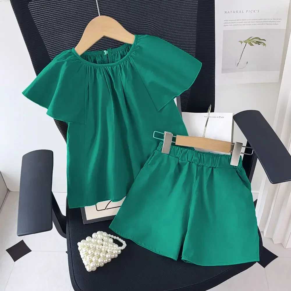 Green short sleeved set with round neck top and pants two-piece set for summer girls daily clothing for children aged 3-7 girls clothingT250327