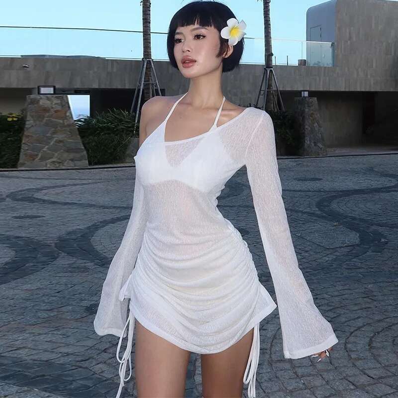 Dongdumaoyi Nieuwe Lente Zomer Sexy Mode Gesmokte Cover Up Pure Asymmetrische Halslijn Strandvrouwenjurk