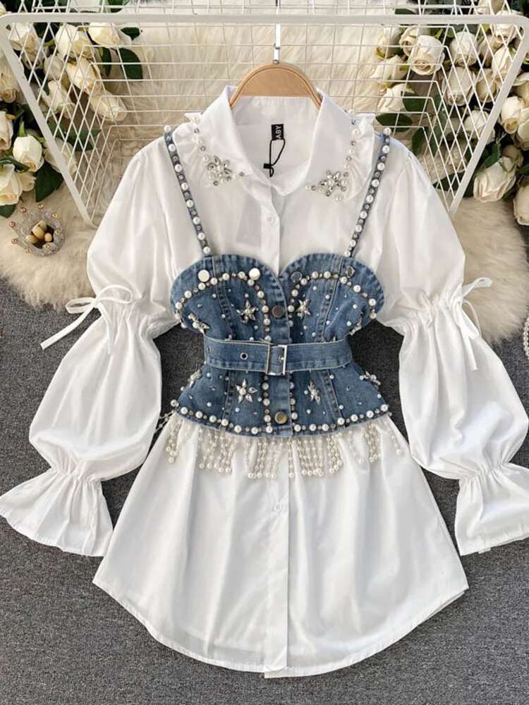 hoodie Spring Autumn New Blouse Women's Dia Beaded Puff Sleeve Blusa Top Tassel Pearl Sg Waistcoat Two-Piece Stacking Shirt C813 jacket