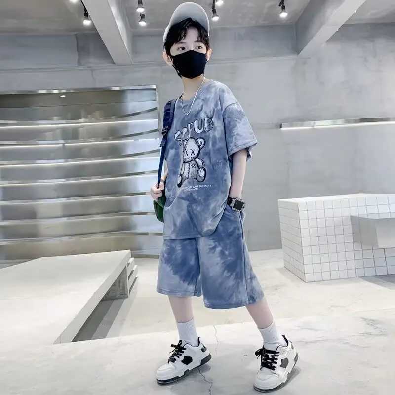 Summer boy cartoon bear costume set childrens girl tie dye T-shirt and shorts 2-piece set childrens topT250327