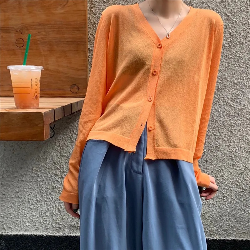 Womens cardigan top Korean long sleeved summer Vneck thin knit sun protection shirt sweater Blusas Mujer E600 250326