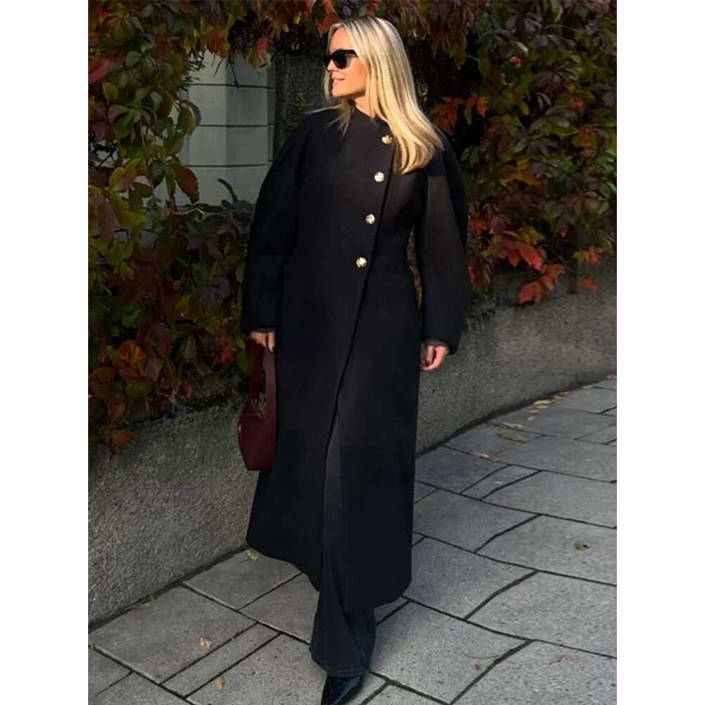 Women's Coat Elegant Women Woolen Long Coats O-Neck Full Sleeve Single Breasted Outwear Female Autumn Winter New Lady Streetwear