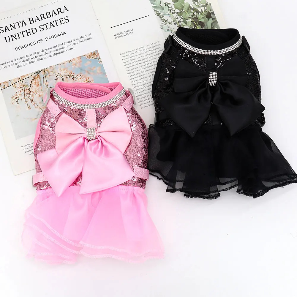 Pink Cat Dress Small Dogs Cats Summer Dresses With Cute Bowknot Bling Rhinestone Accessories Nylon Pet Vest Harness and Leash 250326