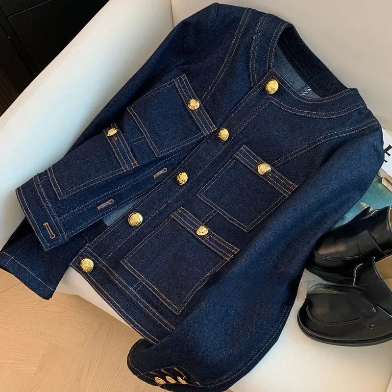 Womens denim jacket with spring and autumn buttons retro Chaquetas Korean fashion blue simple chic B386 250326