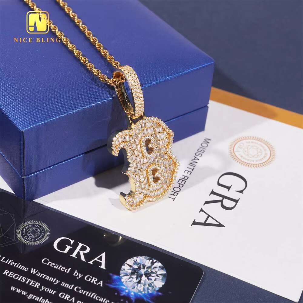Fashion Baguette Hip Hop Jewelry Letter B Pendant Custom Iced Out 925 Silver VVS Moissanite Diamond Initial Charm Pendant