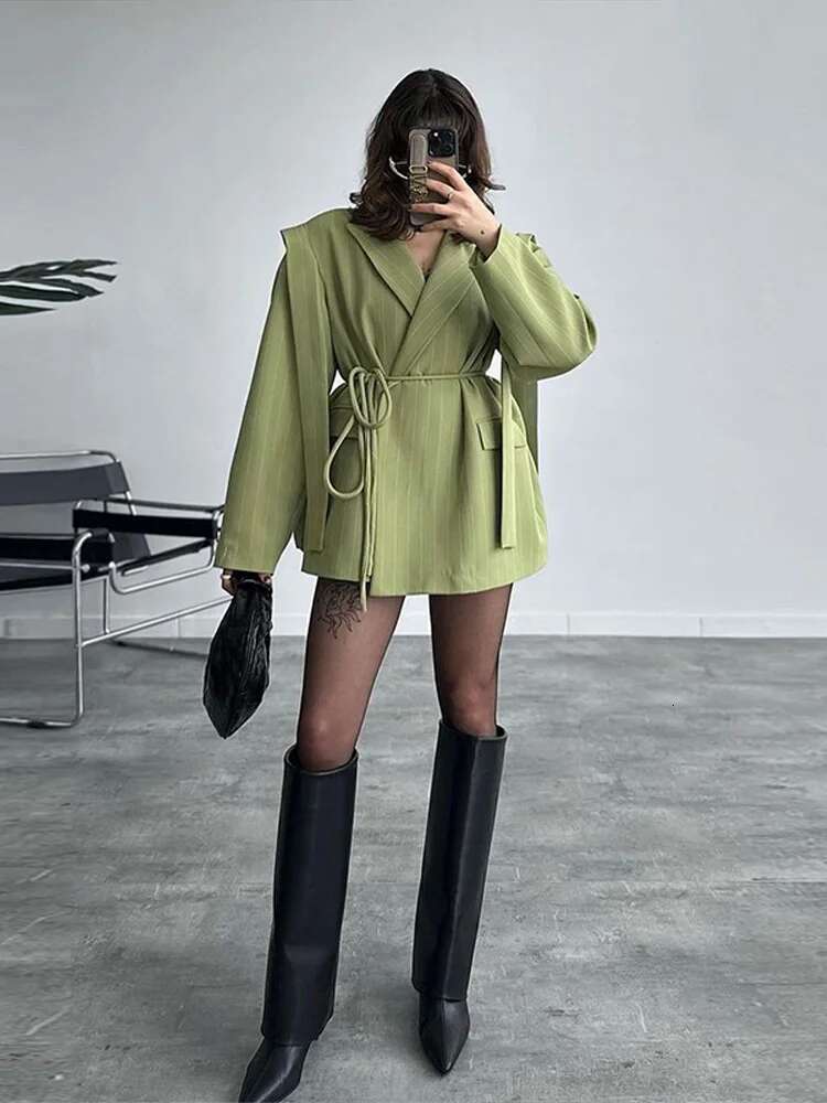 hoodie Vintage Striped Lapel Suit Jacket Women Elegant Loose Waist-Cinching With Belt Jackets Female Spring Versatile Chic Streetwear jacket