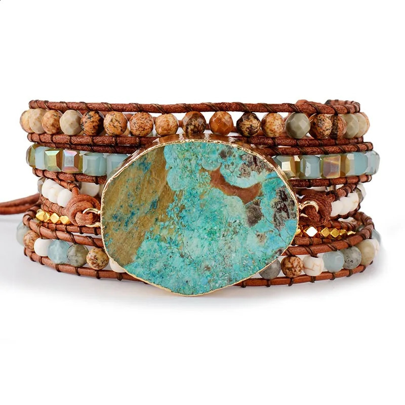 Women Leather Bracelet Unique Mixed Natural Stones Gilded Stone Charm 5 Strands Wrap Bracelets Handmade Boho Bracelet Dropship 250318