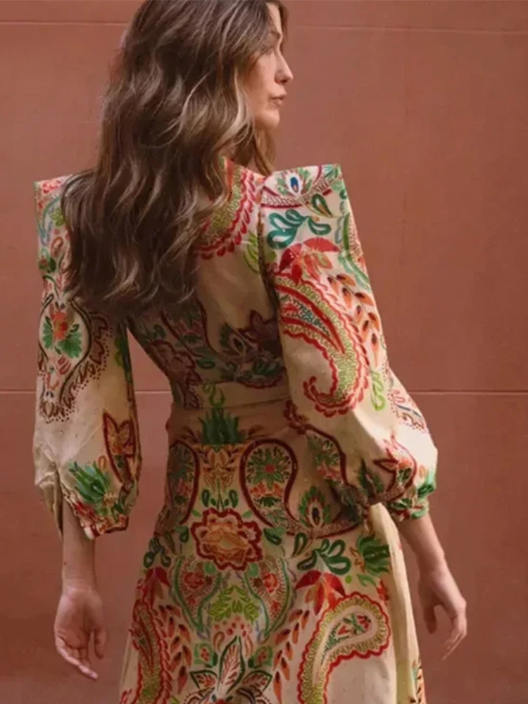 Printed Deep V Neck Women Dresses Lantern Sleeve A Line Lady Dress Summer Beach Party High Waist Slim Elegant Female Rube 250326