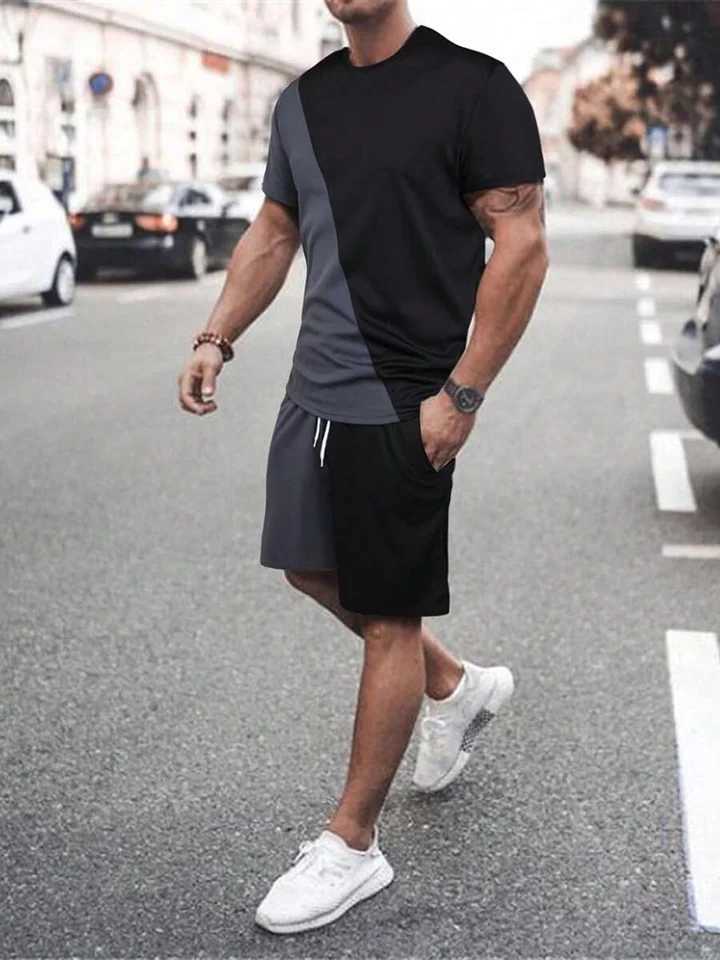 2025 Summer New Two Piece Mens Casual Pattern Printed Short Sleeve T-shirt and Sports Shorts Set Fitness LightXJ250326