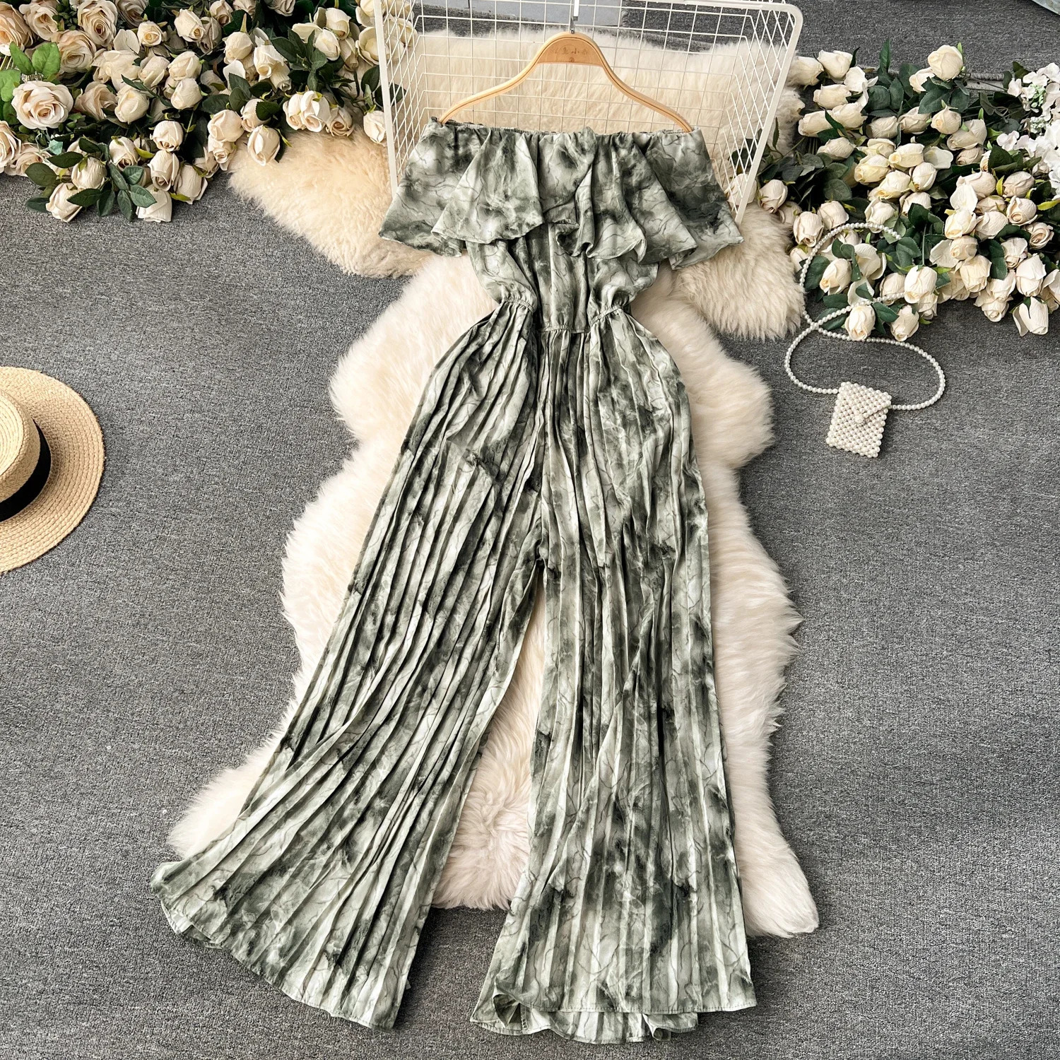 Womens jumpsuit summer casual dyed shoulder pleated lace waistband wide leg holiday loose 250326