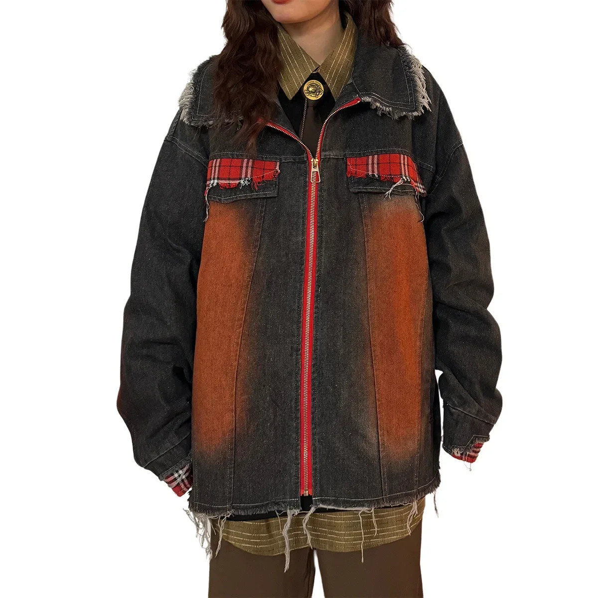 Retro American plain spliced denim jacket for women in spring spray colors washed retro feel high seam short 250326