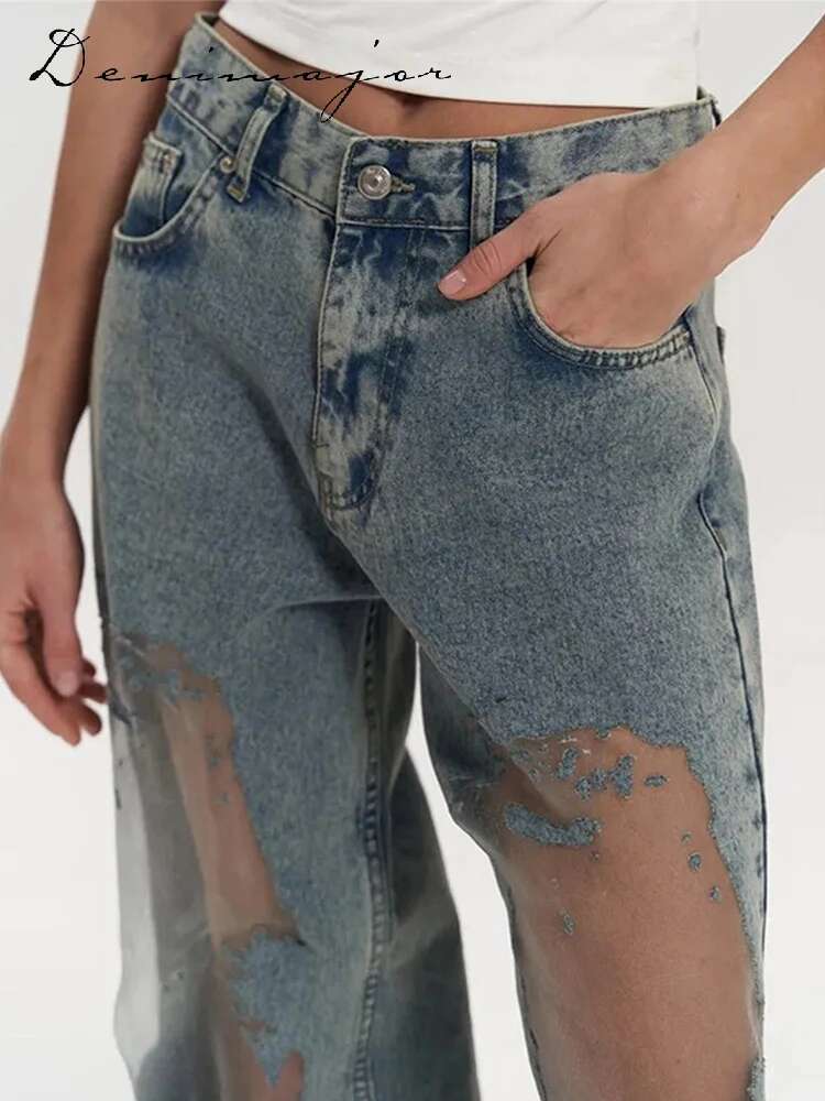 Street See Through Jeans Women Casual Patchwork Low Waist Zipper Pocket Denim Pants Female Summer Fashion New Lady Trousers