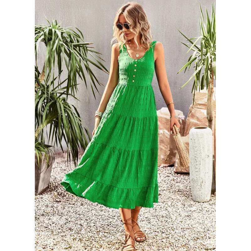 Dongdumaoyi Mouwloze Maxi Jurk Met U Hals Voor Dames Effen Wit Ruches Aan De Zoom Knoopdetail Polyester Lente Zomer Vrijetijdskleding Wd