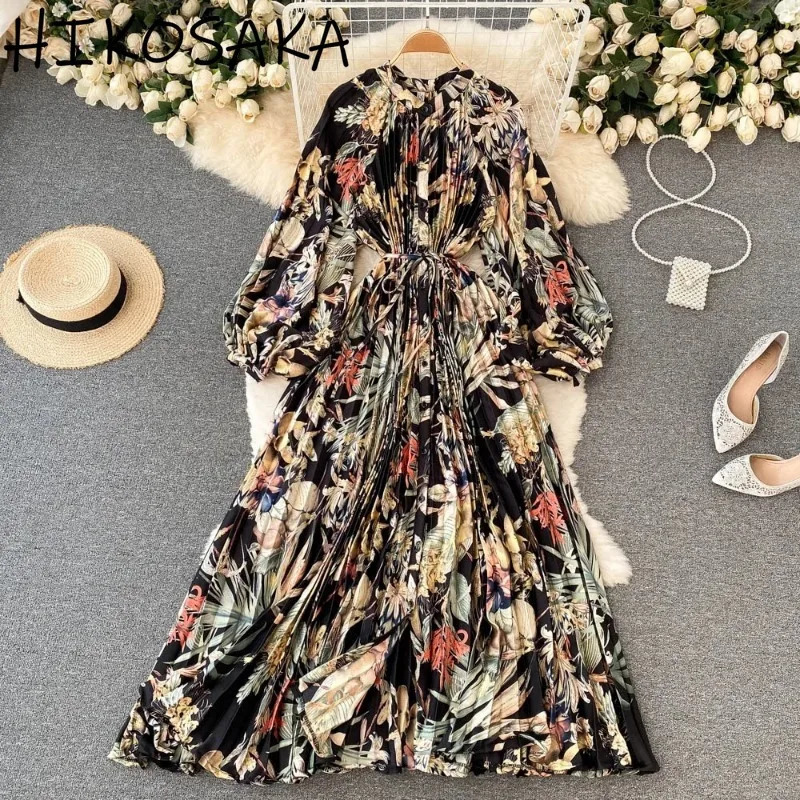 Stand Collar Lantern Sleeve Vintage Print Dress Belt Slim Waist Pleated Single Breasted A-line Robe French Style Elegant Vestido 250326