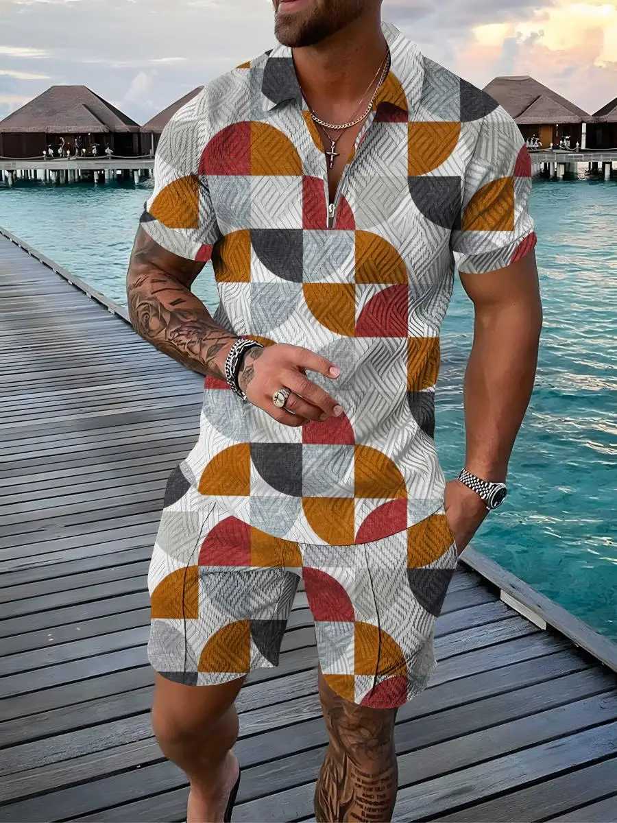 Color Gradient 2-piece Golf Summer Fashion Mens Polo Shirt Short Sleeve+Shorts Set Casual Beach SetXJ250326