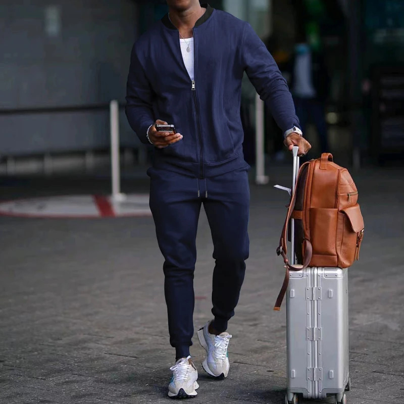 Spring and summer mens casual sports solid color stand up collar zipper jacket pants twopiece set clothing 250326