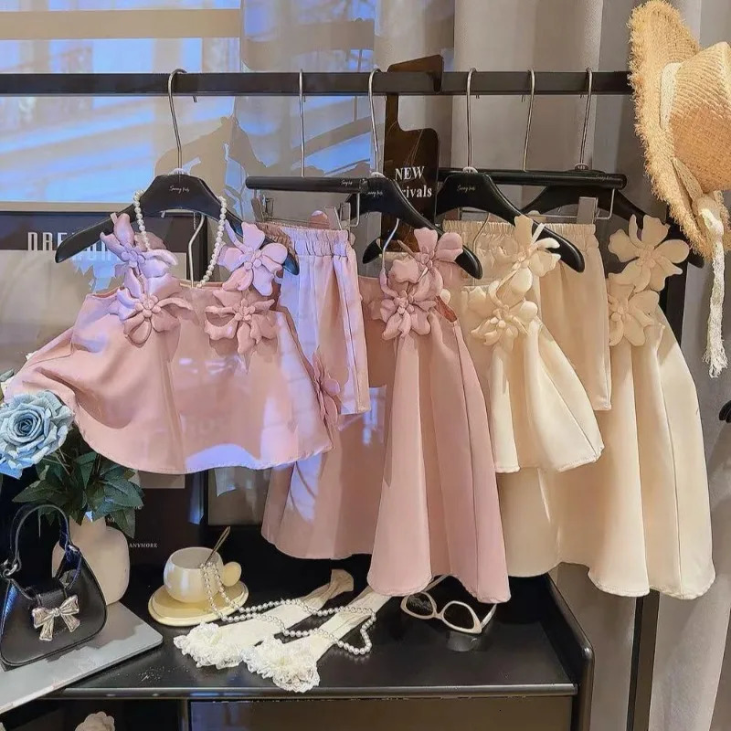Ins Summer Infant Babys Girls 2PCS Clothes Set Cotton Solid Flower Slip Vestshorts Outfit Kids Girls Thin Sweet Princess Dress 250326