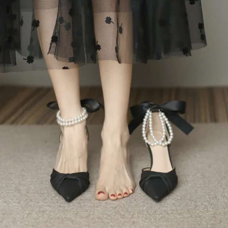 Women Elegant White High Heels Sandals Summer Chunky Platform Pearl Ankle Straps Pumps Woman Lace Bowtie Party Shoes