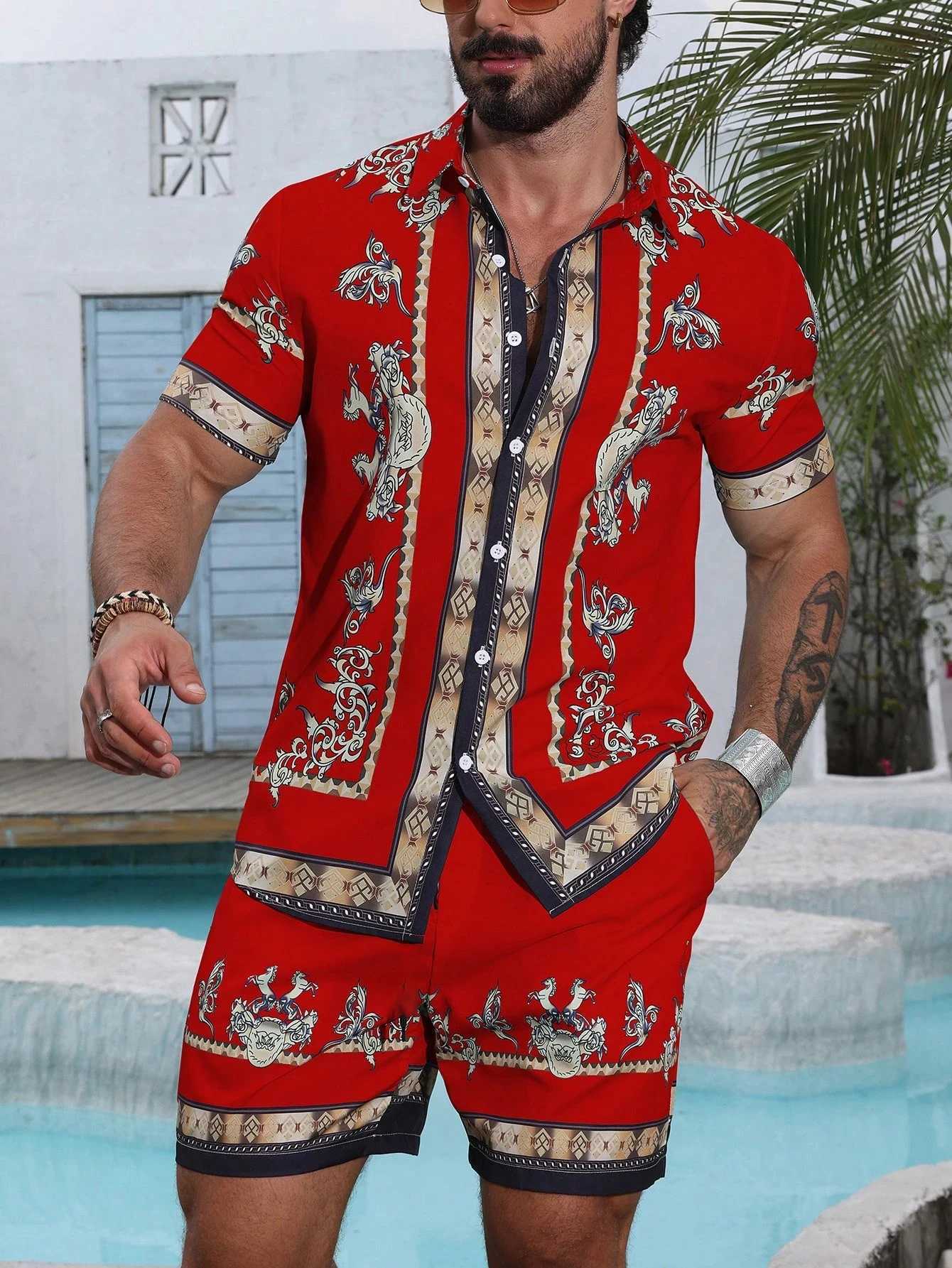 Baroque luxury printed mens shirt shorts 2-piece set summer casual shirt Hawaiian beach short sleeved mens setXJ250326