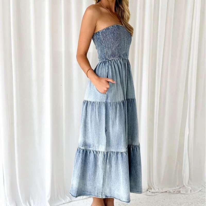 Dongdumaoyi Zomer Dames Elegante Zoom Patchwork Bustier Cake Denim Lange Jurk Met Zijsplit