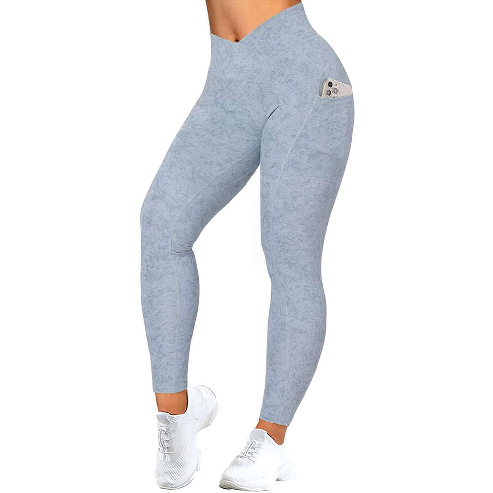 Women Yoga Pants Autumn And Winter Breathable Thin Style Solid Color Printed Slimming Cross Waist Bottom Pocket Pants YJ