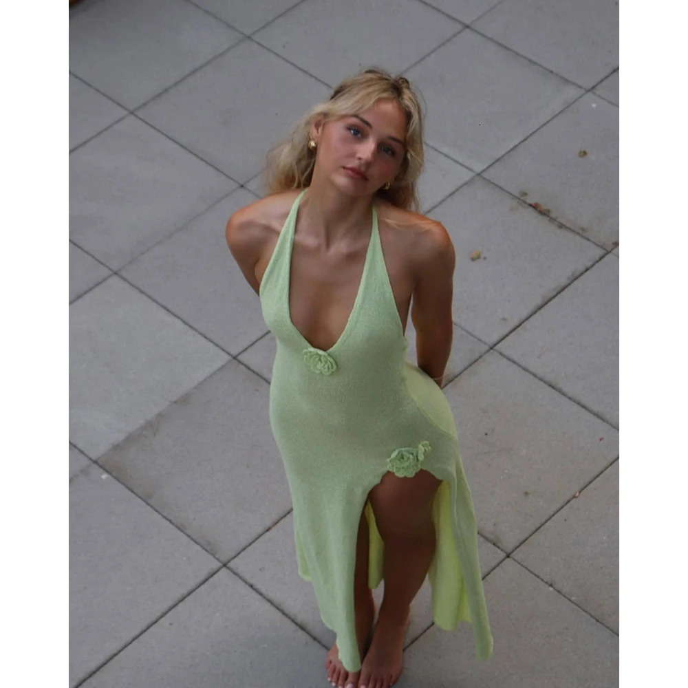 2024 Beach Top Knitted Tunic Bikini Sexy See Through Halter Maxi Dress Slit Summer Wear 250326