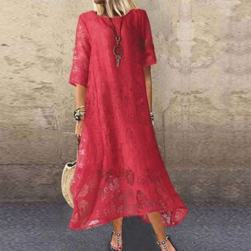 Dongdumaoyi Zomer Damesmode Nieuwe Hot Ronde Hals Korte Mouw Kant Lange Casual Damesjurk