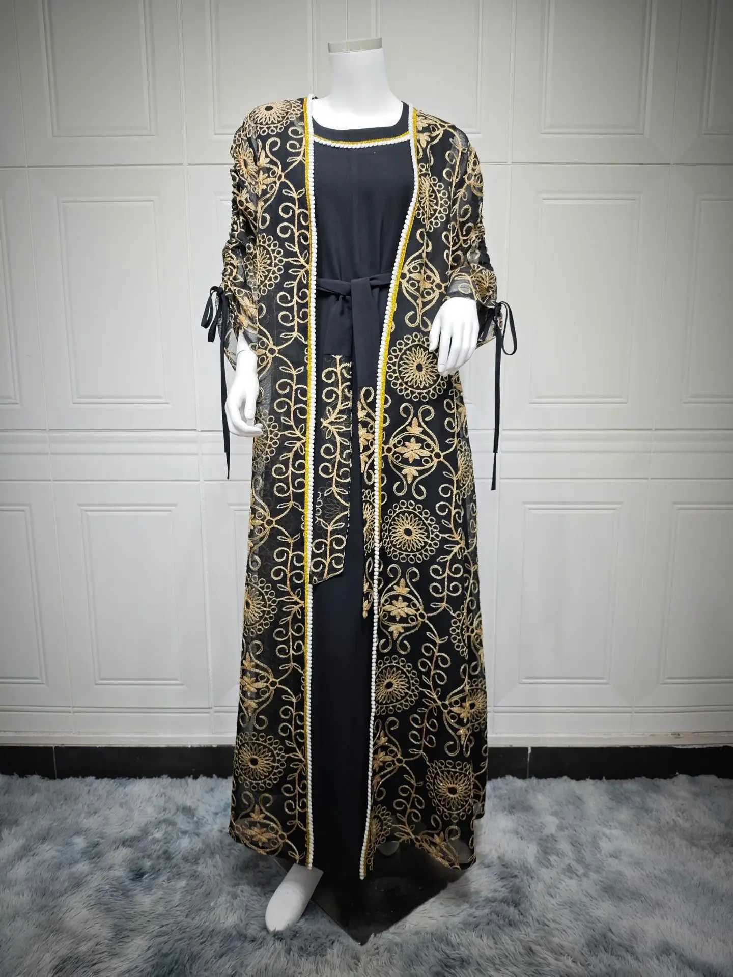 Elegant Black Abaya Set with Gold Embroidery Patterns Belted Inner Dress for Islamic Womens Turkey in the Middle East Ramadan X250514