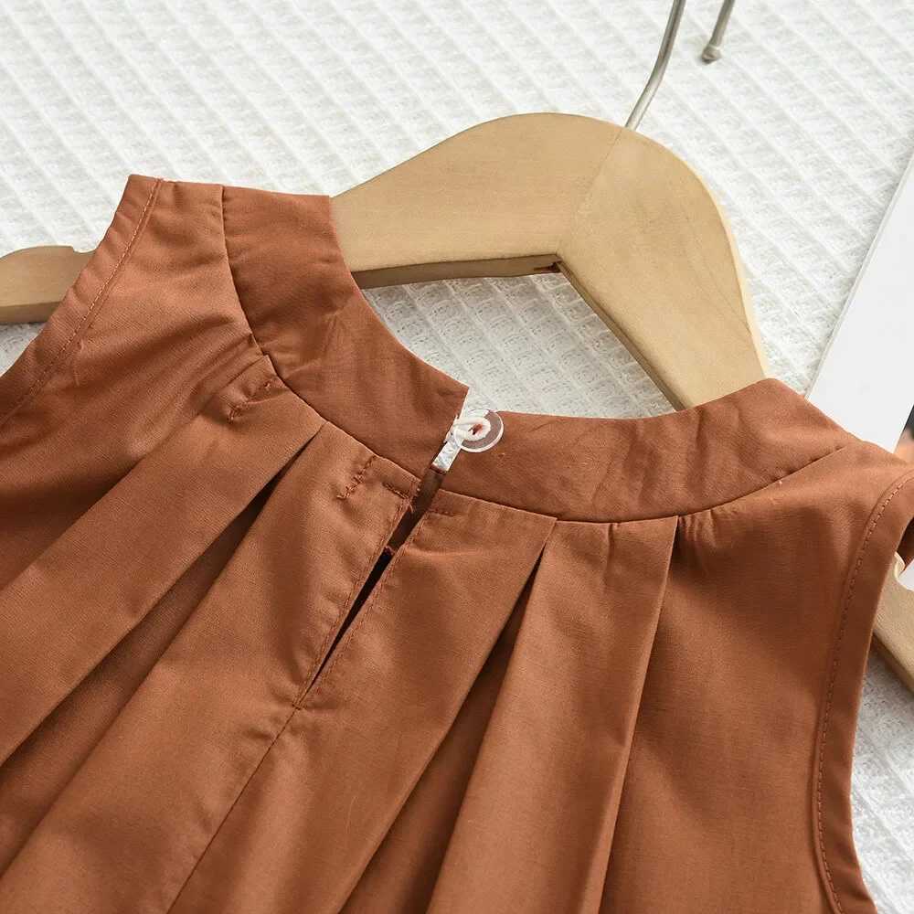 Bear collar khaki vest+striped wide leg pants summer two-piece simple sleeveless childrens clothing suitable for 3-7 years oldT250327
