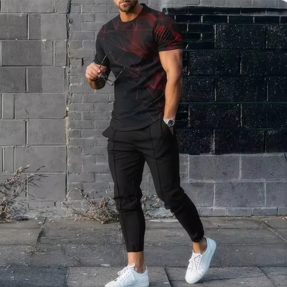 Summer mens Tshirt and pants sportswear abstract gradient 3D printed set 2piece streetwear oversized 250327