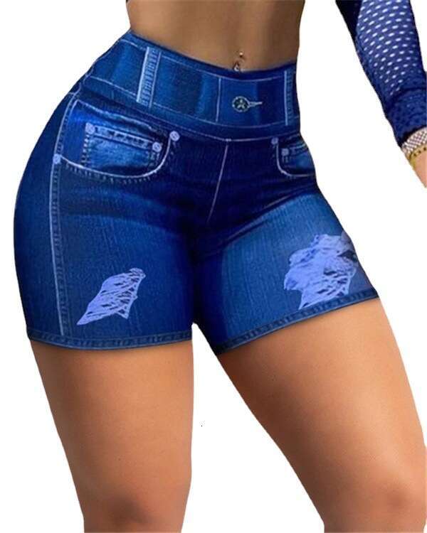 Women Yoga Pants Summer Fashion Slimming Imitation Denim Ripped Elastic Leggings Women S Shorts Cycling Pants YJ